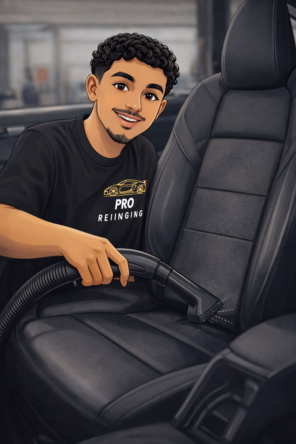Illustratie van eigenaar Khalid die een autostoel reinigt.